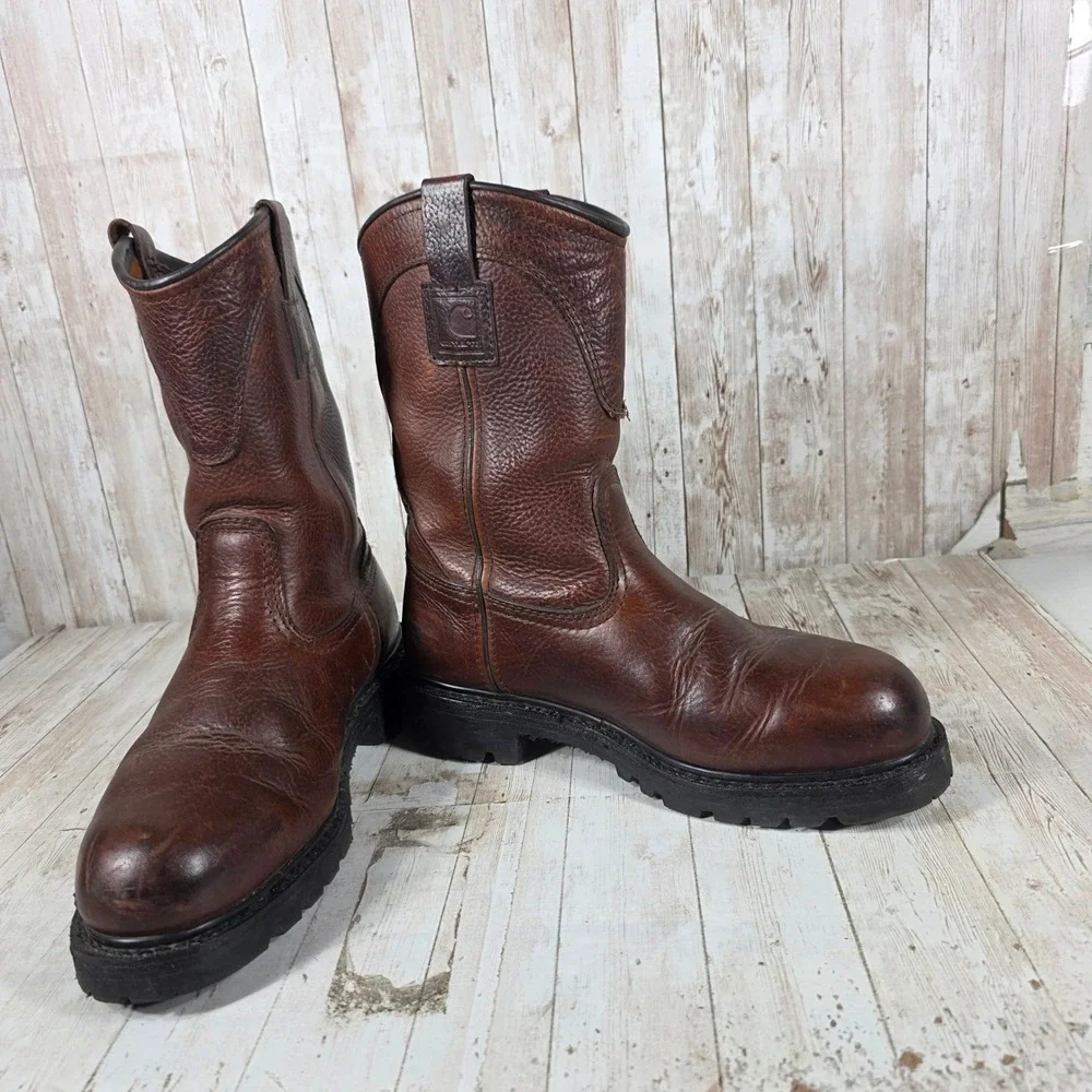 Carhartt Mens 9.5 E2 Brown Leather Wellington Work Boots Vibram EH 3709 - Picture 6 of 8